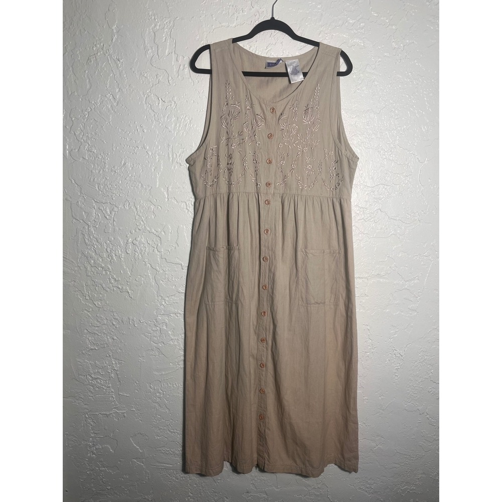Erika & Co Tan Cotton Linen Embroidered Button Front Midi Dress Womens XL Pocket
